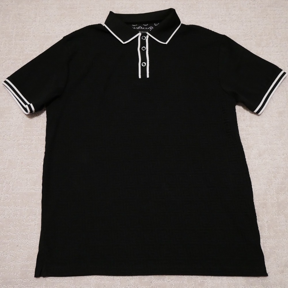 Denim & Flower Ricky Singh Mens Black Textured Greek Key Polo Shirt Size Medium